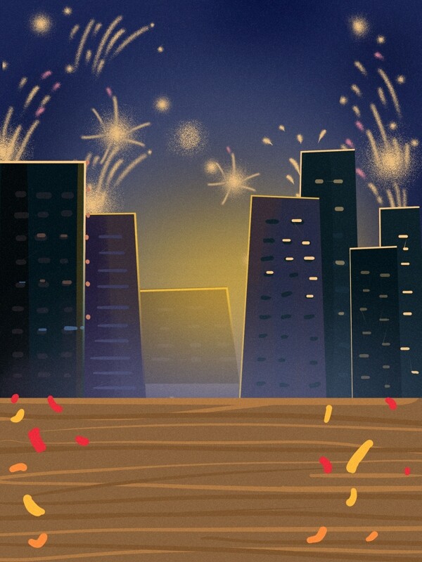 彩绘城市烟花夜景背景设计