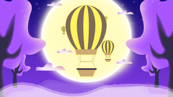 原创午夜之城月亮热气球插画