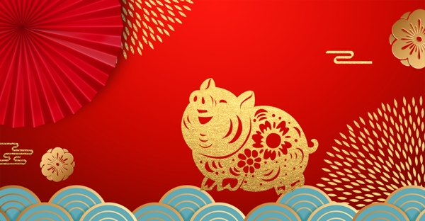 2019猪年烫金风金猪中国风花朵海报