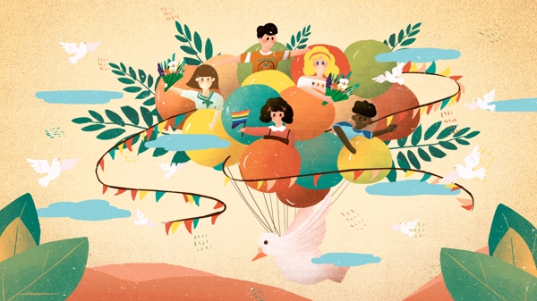 世界和平日热气球和平鸽插画