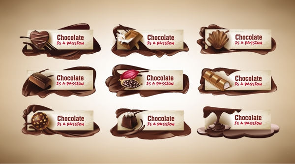 一套矢量插图有巧克力糖果巧克力可可豆和融化巧克力的横幅