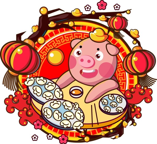 春节卡通小猪吃饺子发大财场景矢量装饰图案