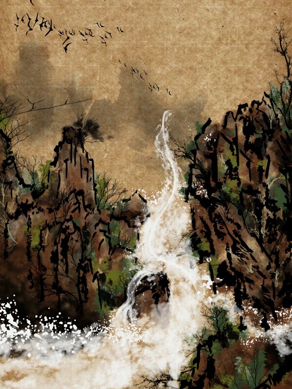 山河水彩画背景设计