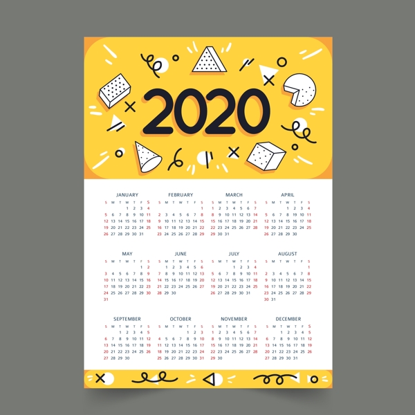 手绘几何风格2020年日历模板图片