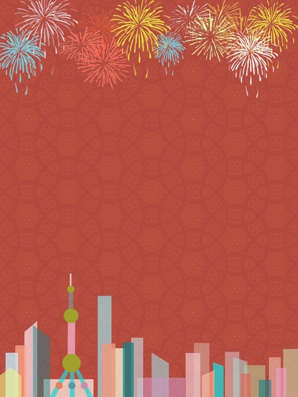 红色喜庆烟花城市新年元旦背景素材