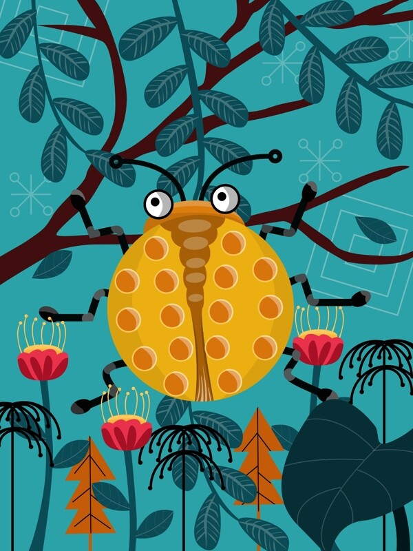 自然印记之瓢虫与植物原创插画设计