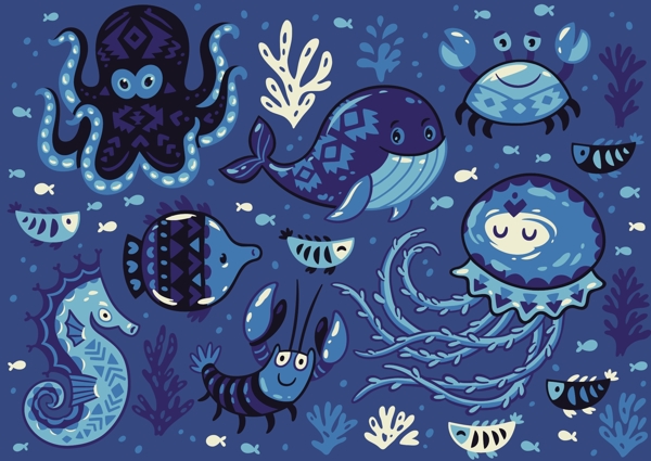 蓝色卡通可爱的海洋生物插画