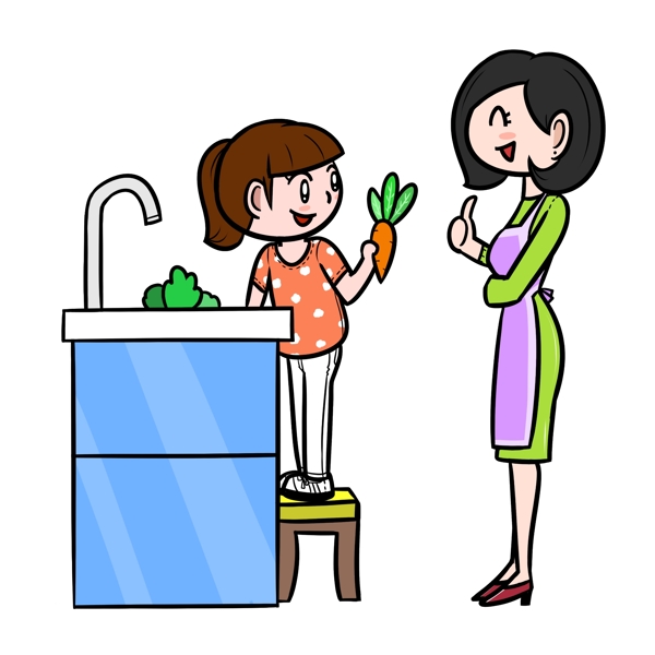 卡通母亲节帮妈妈洗菜png透明底