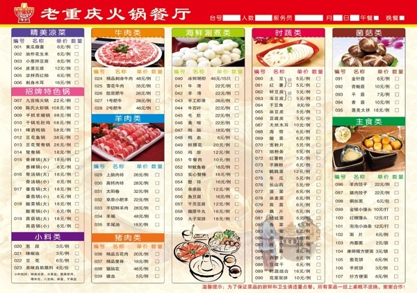 火鍋點(diǎn)菜單