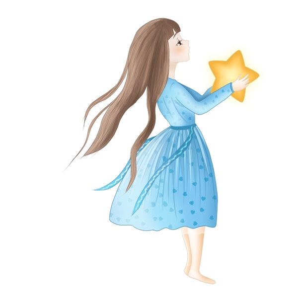 蓝色清新可爱拿着星星的女孩卡通设计