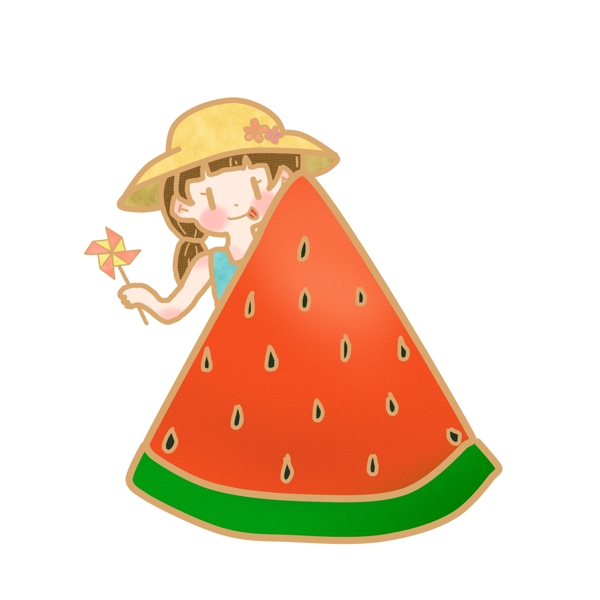 立夏納涼吃西瓜小女孩