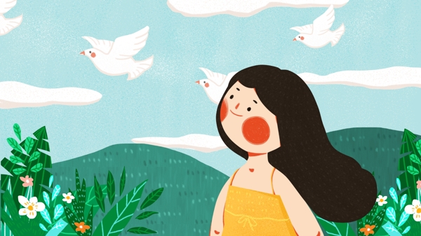世界和平日少女和平鸽子可爱扁平原创插画