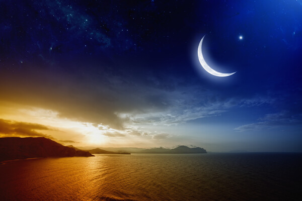 日落海面风景与星星月亮图片