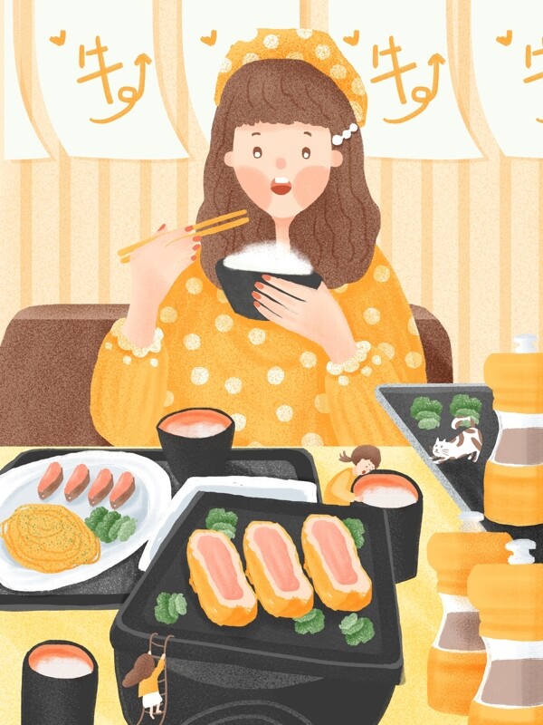 可爱女孩日式料理吃货大战美食插画