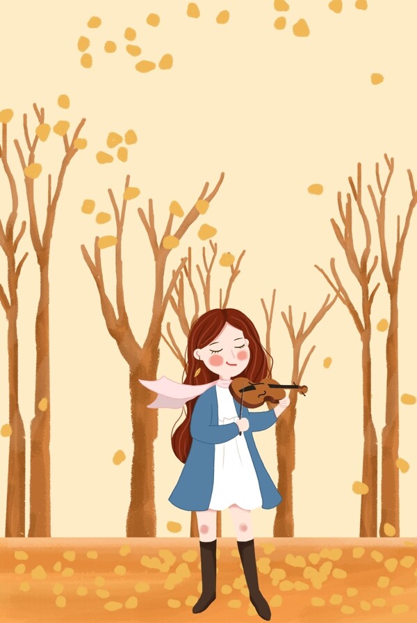二十四节气之秋分女孩在树林里拉小提琴海报