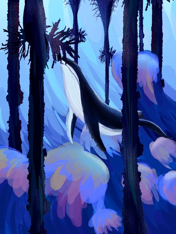 森林于蓝色大海遇见鲸商业插画