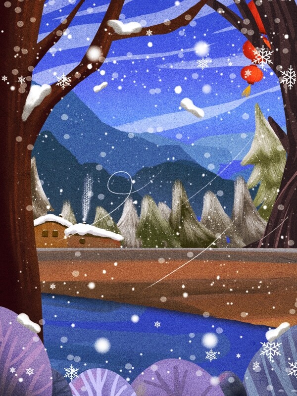 彩绘冬季下雪树林美景背景设计
