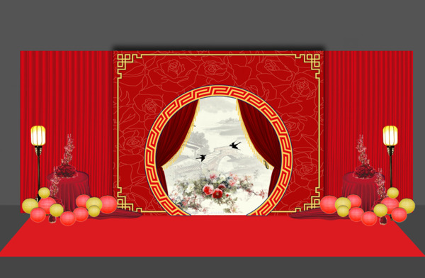 中式红色婚礼迎宾区工装效果图