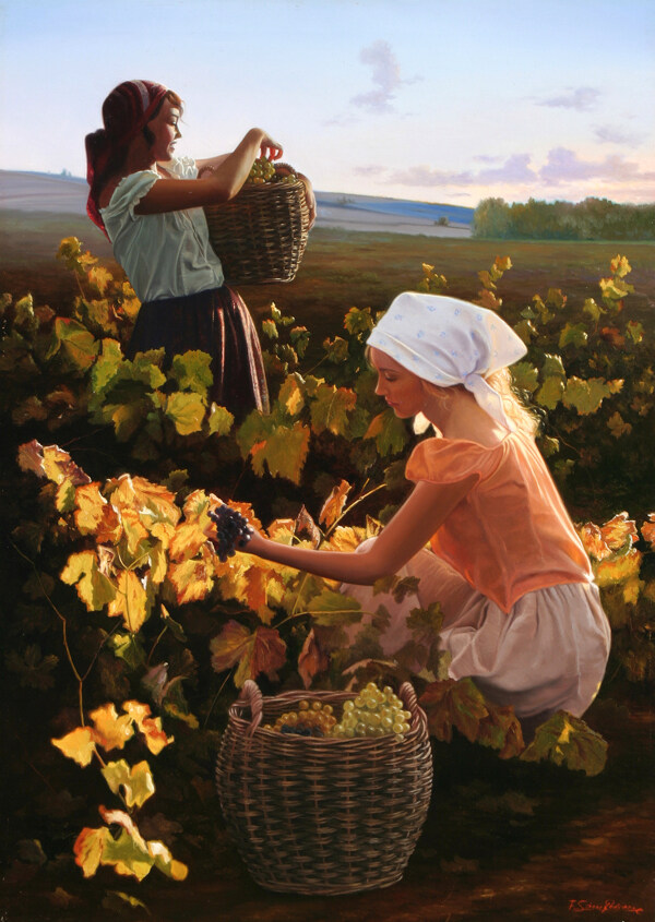 摘葡萄的农妇油画图片