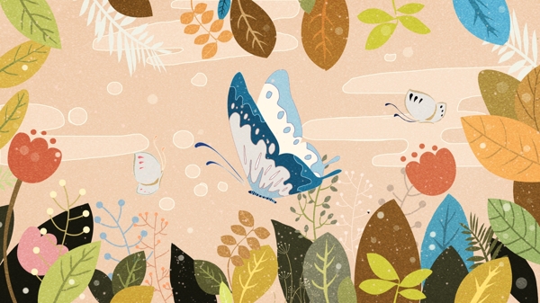 原创自然印象插画花丛中的蝴蝶