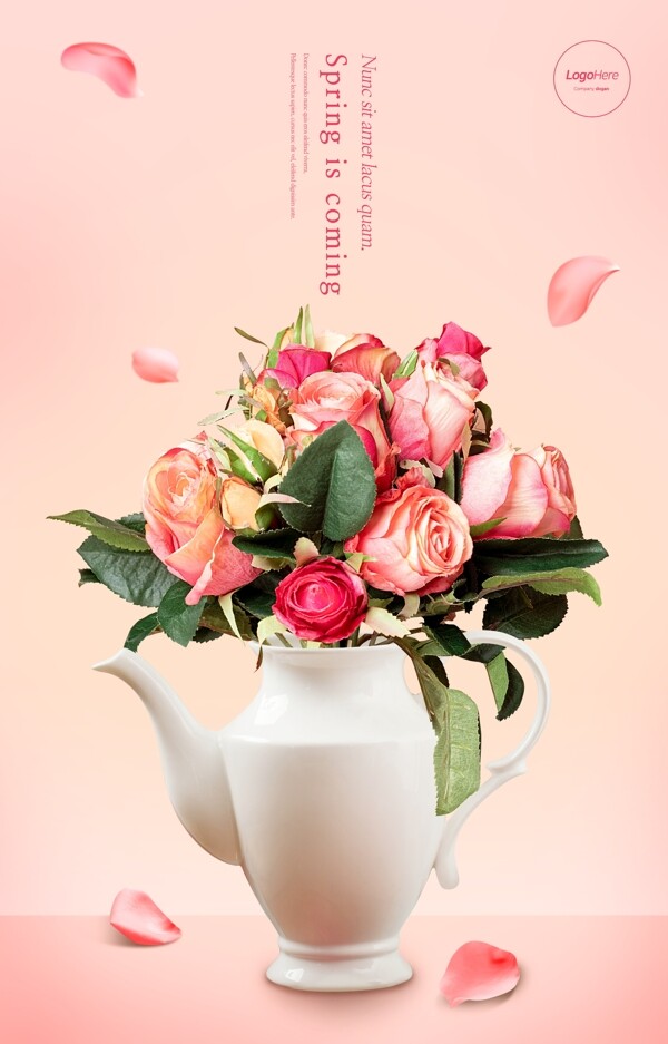 白瓷茶壶玫瑰花束纷飞花瓣