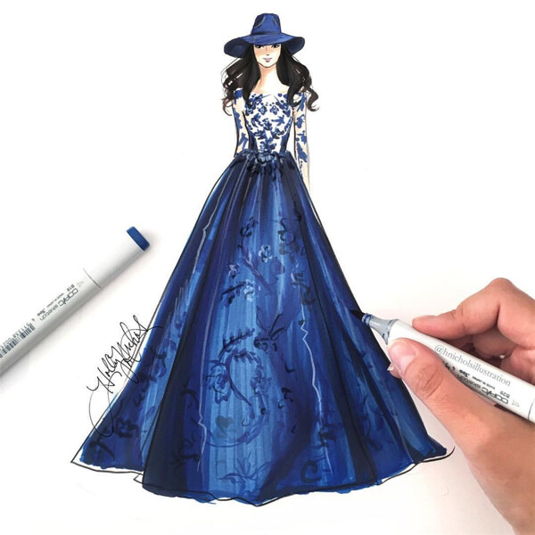 手绘蓝色时尚礼服设计图