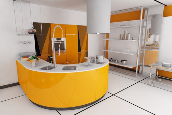 橘黄色整体橱柜开放式厨房餐厅设计