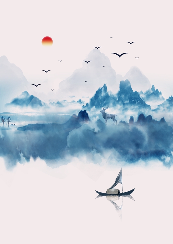 中式蓝色泼墨意境山水手绘书房装饰画