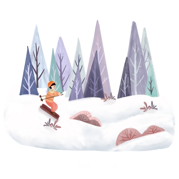 冬季雪景小孩滑雪手绘插画