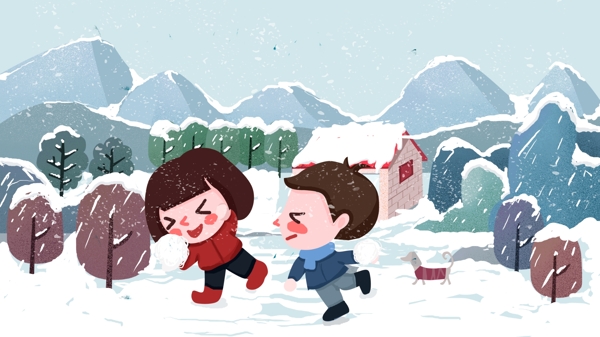 冬季户外小孩玩打雪仗插画