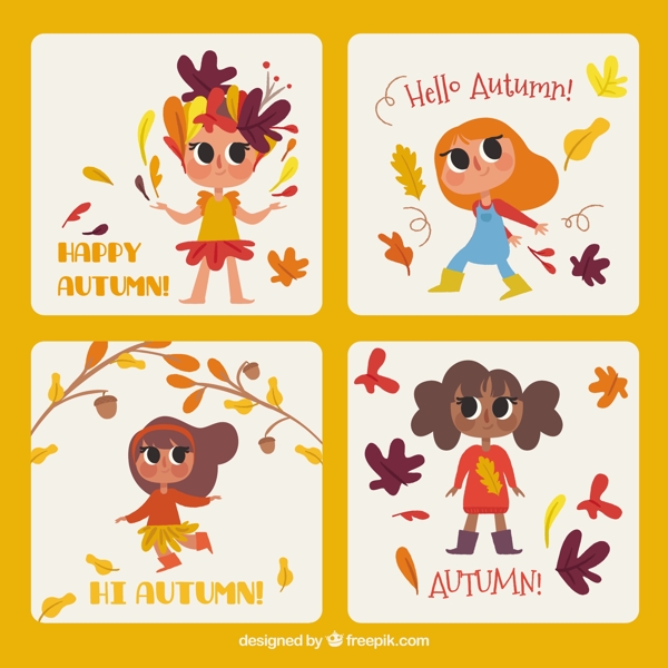 与快乐的孩子秋季的卡片收集