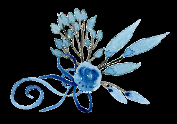 彩绘蓝色淡雅长叶子玫瑰花朵png元素