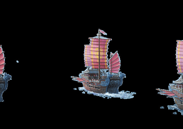 中国古代轮船巡视插画PNG元素