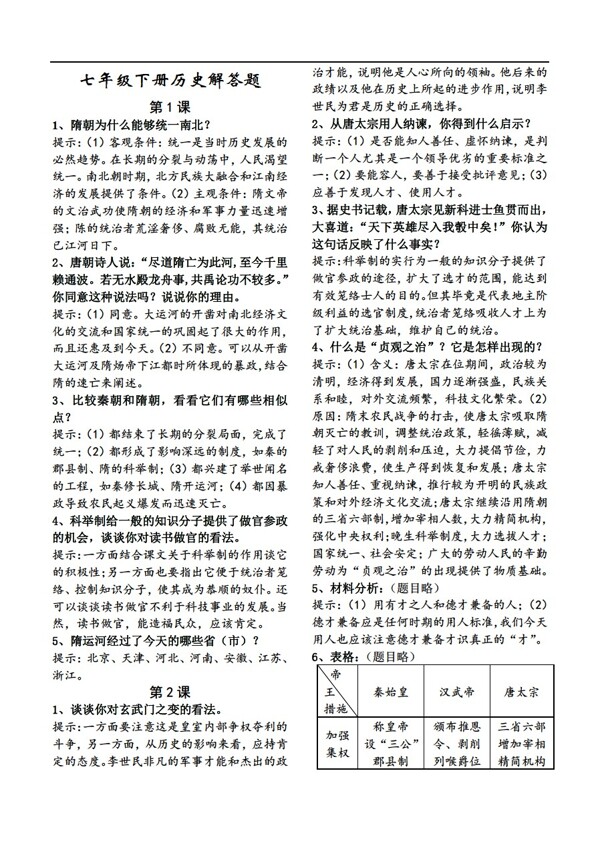 七年級下冊歷史七年級下冊課本問題答案