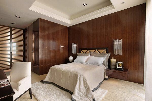 现代时尚简约卧室深色木制背景墙室内装修图