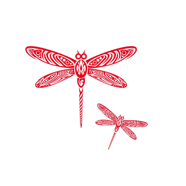红色中国风蜻蜓剪纸装饰元素