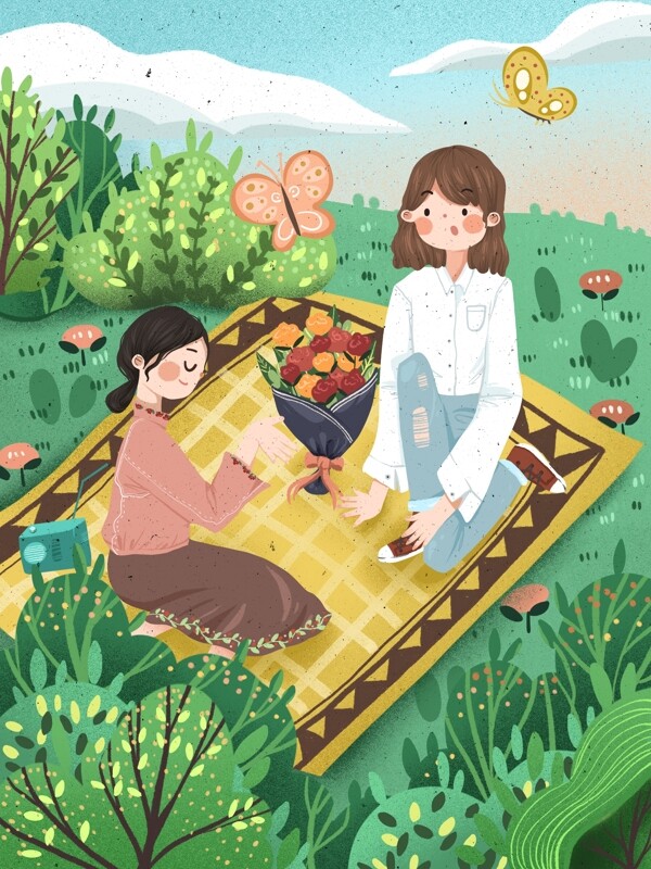 温馨小清新三八妇女节女孩聊天可爱插画