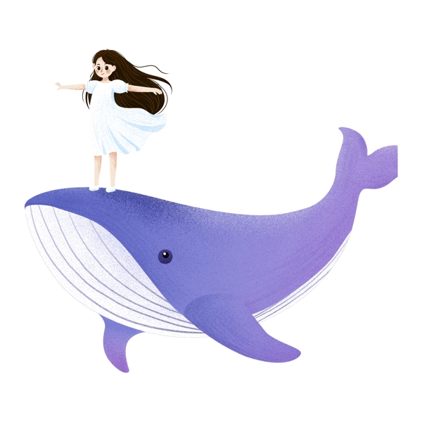 手绘卡通站在鲸上面的女孩元素