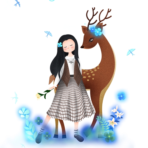 精美小鹿與女孩圖案