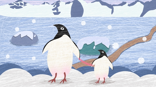 父亲节原创手绘企鹅父子雪山线圈插画