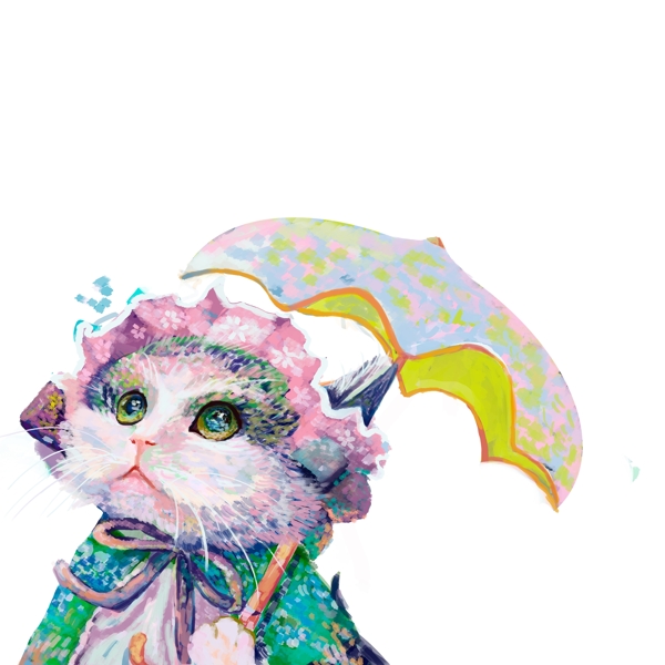 彩绘撑着雨伞的贵妇猫咪