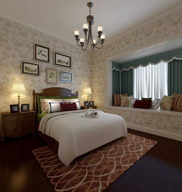 美式清新卧室圆环图案地毯室内装修效果图