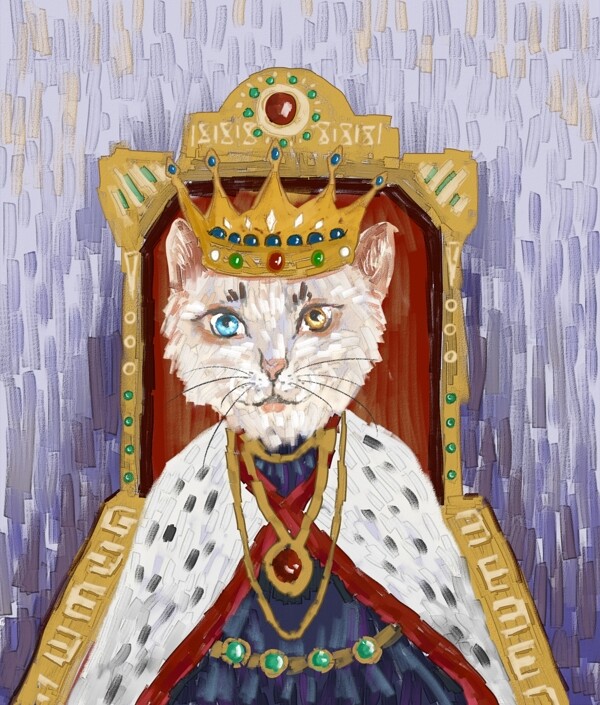 猫咪仿油画欧洲国王动物插画绘画儿童装饰画