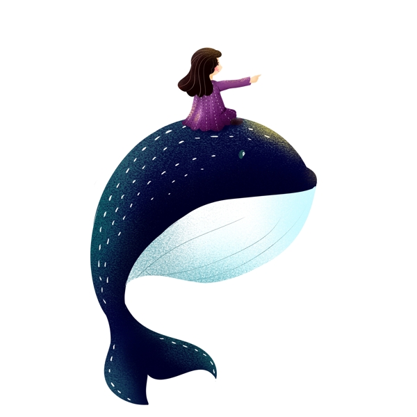 复古肌理手绘坐在鲸鱼上的女孩