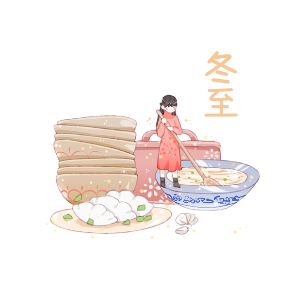 温馨节日冬至插画女孩做饺子插画
