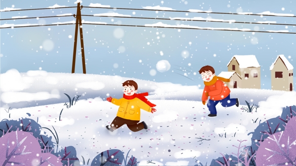 清新冬日雪景小孩打雪仗插画