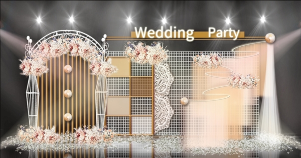 香槟色线条隔段拱门方格波浪帷幕婚礼效果图
