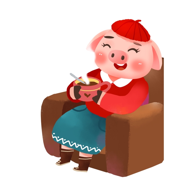 坐在沙发上喝咖啡的猪妈妈人物设计