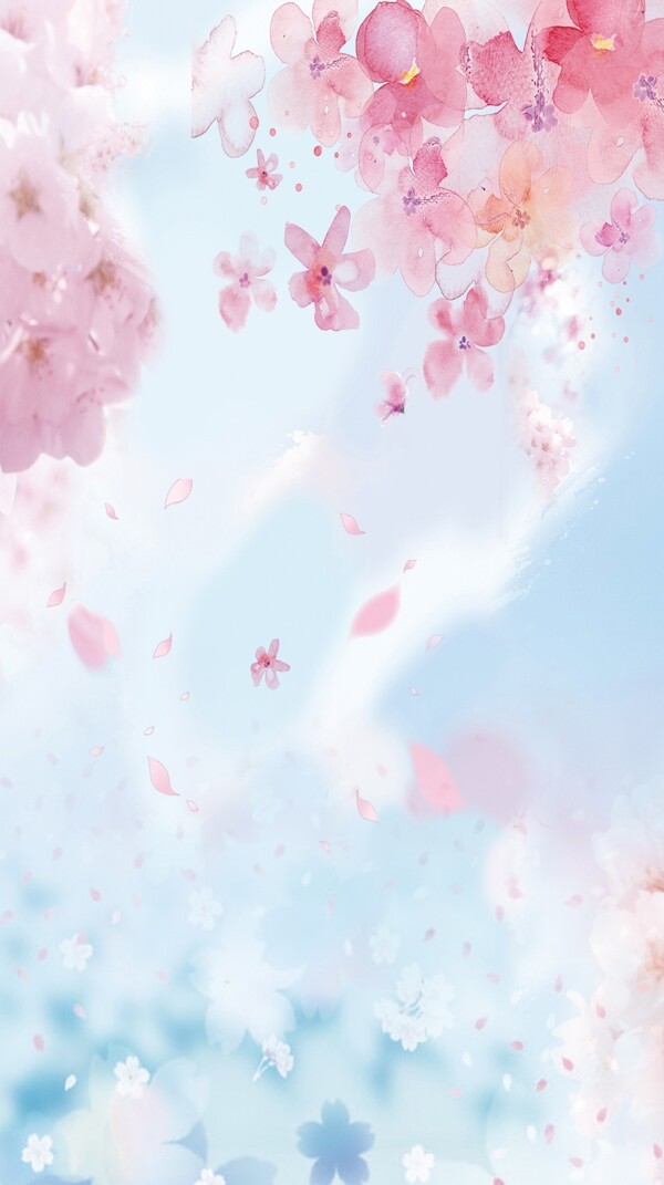 粉色樱花蓝天手绘彩绘背
