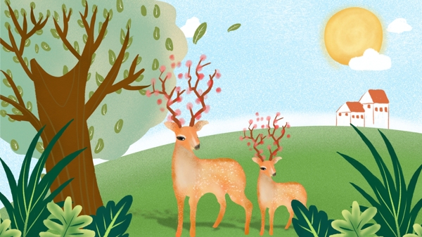 原创插画森林中的小鹿